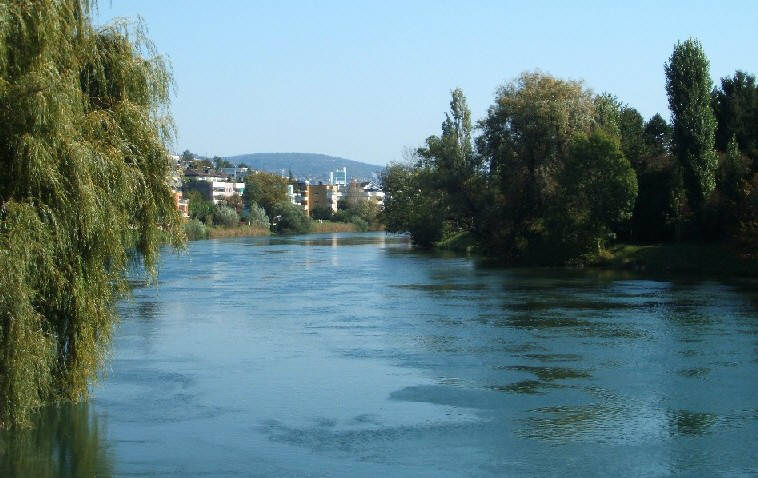 Die Limmat beim Hardturm an der Quartiergrenze Hngg-Wipkingen in Zrich. Romantic view of Limmat river in Zurich witzerland with green shoreline