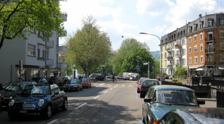 Hornbachstrasse Zrich Seefeld. Kreis 8. Blickrichtung Beelerivestrasse und Zrichsee
