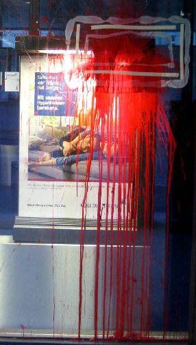 pimp my swiss bank - red paint attack on credit suisse building in zurich switzerland on may 1, 2009. we show the photos that the media try to hid hide.