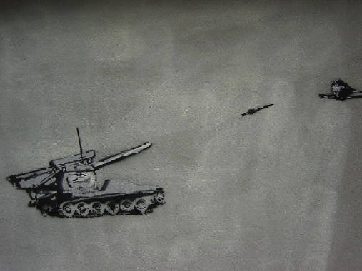 Panzer schiesst auf Vogel. GEM Schablonengraffiti, Zrich Schweiz. Military tank shoots bird. GEM stencil graffiti in Zurich Switzerland